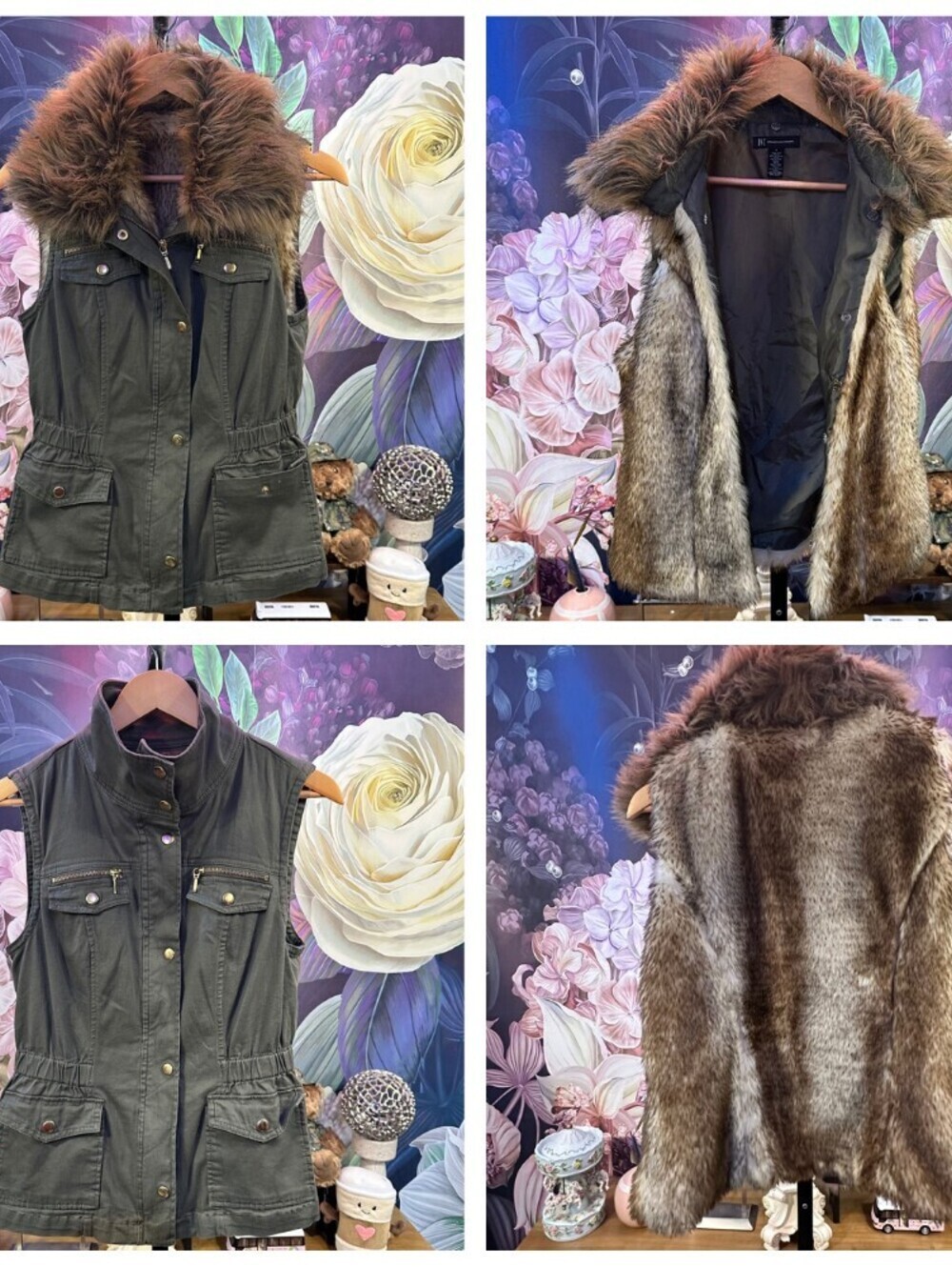 INC International Concepts S Utility Cargo Vest Removable Faux Fur Y2K Military